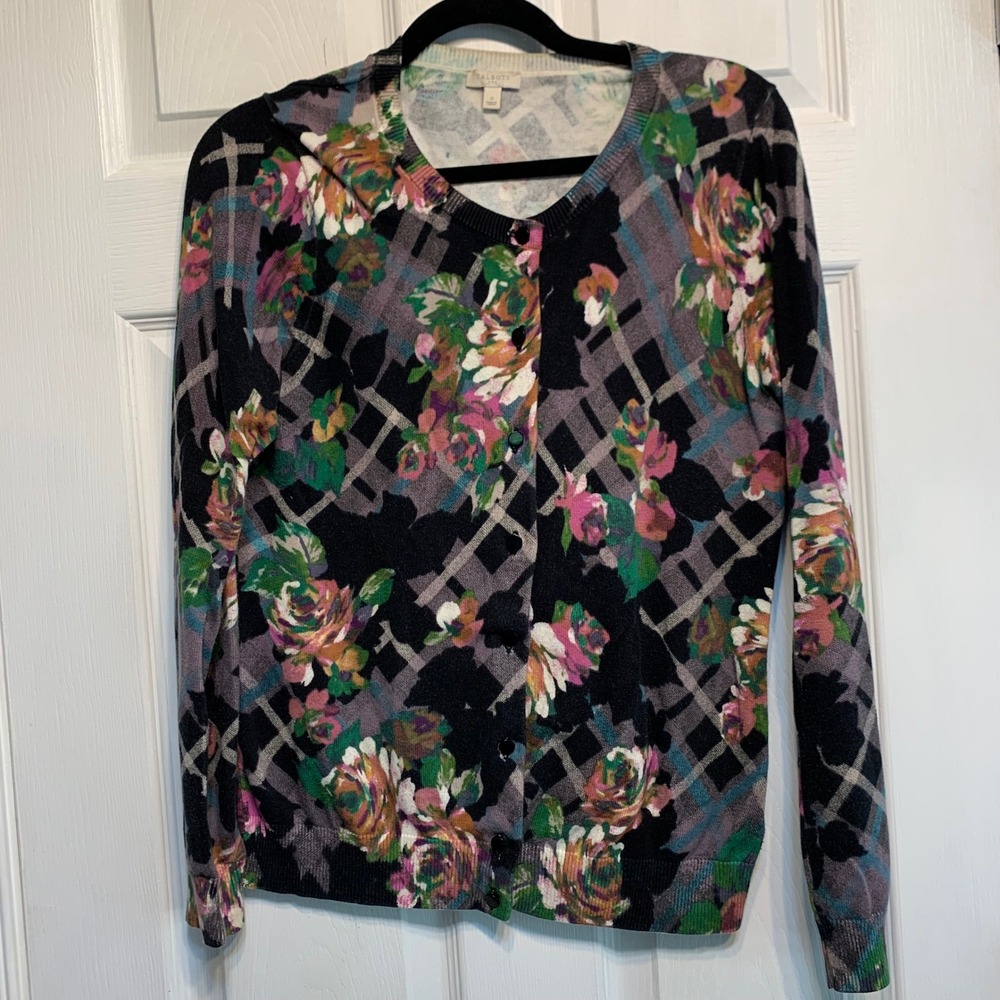 Talbots Dark Floral Plaid Cardigan Sweater Size S Cotton Knit Cottagecore preppy